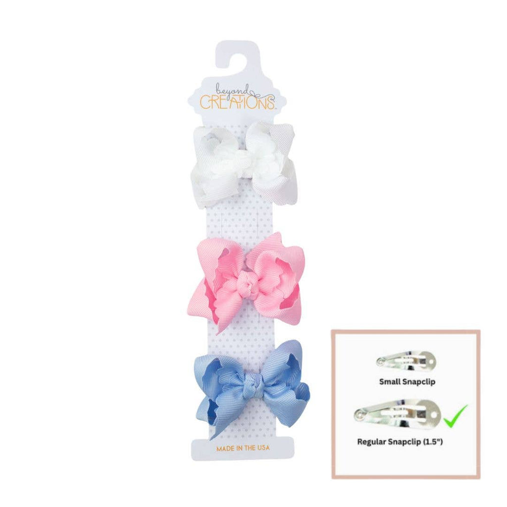 3 PACK - 3" SMALL SCALLOPED EDGE BOW ON SNAP CLIP