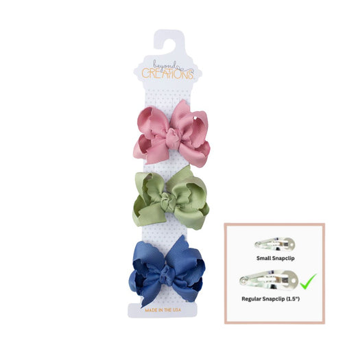 3 PACK - 3" SMALL SCALLOPED EDGE BOW ON SNAP CLIP